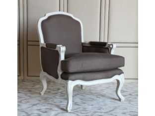 Oly French Style Club Chair with Anitique White Frame and Walnut Linen Upholstery